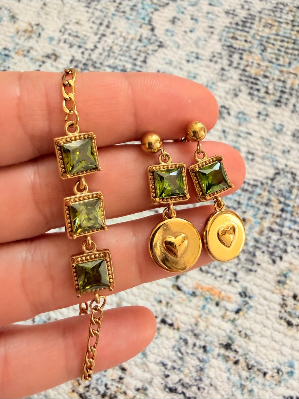 Gold Green Crystal Bracelet and Drop Earrings Set - Unbranded